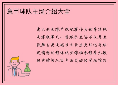 意甲球队主场介绍大全