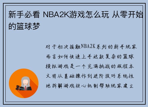新手必看 NBA2K游戏怎么玩 从零开始的篮球梦